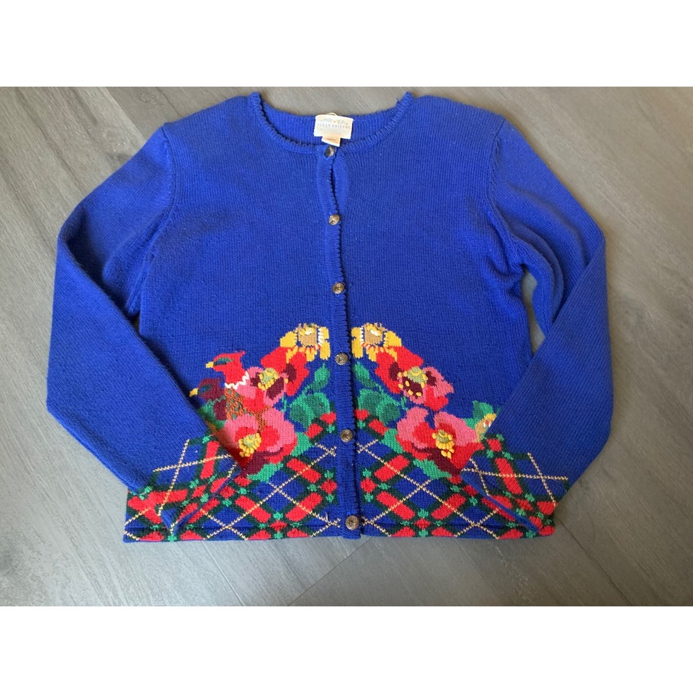 Susan Bristol Embroidered Bird Floral Cardigan Sweater Blue Cotton Blend Women M